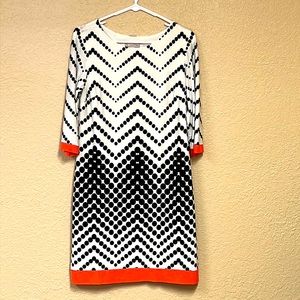 Dress Barn sz 6 3/4 sleeve dress with black polka dots and coral trim